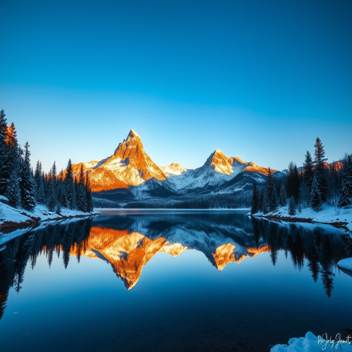 capture a serene winter landscape featuring three towering mountain peaks reflecting in a calm lake surrounded by evergreen trees under a clear blue sky, shot with a DSLR camera at f/8 aperture, ISO 100, with a 24mm lens, in golden hour lighting for enhanced warmth and clarity