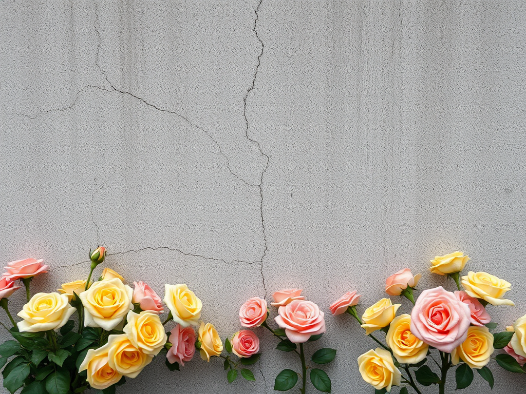create a high-resolution image of cracked concrete wall with a floral border of pink and yellow roses, using a DSLR camera with a 50mm lens, aperture set to f/2.8, ISO 100, 1/125 sec shutter speed, taken from a straight-on perspective, with natural lighting for enhanced detail and texture.
