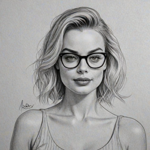 Radiant Margot Robbie, pencil sketch, portrait of Bewitching woman 1951s in glasses, hair style beatnik, outline, clear lines, fine lines, 8k