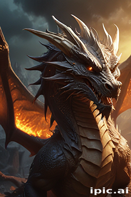 Majestic Dragon with Fiery Eyes and Towering Wings in Dramatic Landscape