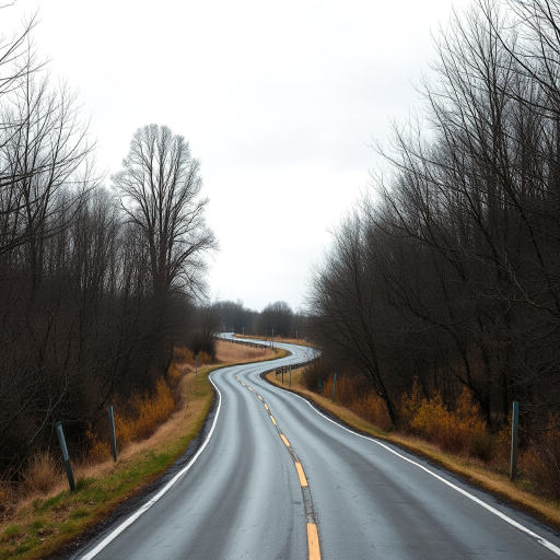 regenerate image of a winding road through a serene landscape with bare trees on either side, captured with a DSLR camera at 24mm focal length, aperture f/8, ISO 100, in soft morning light with slight overcast, using a wide-angle view for depth and clarity