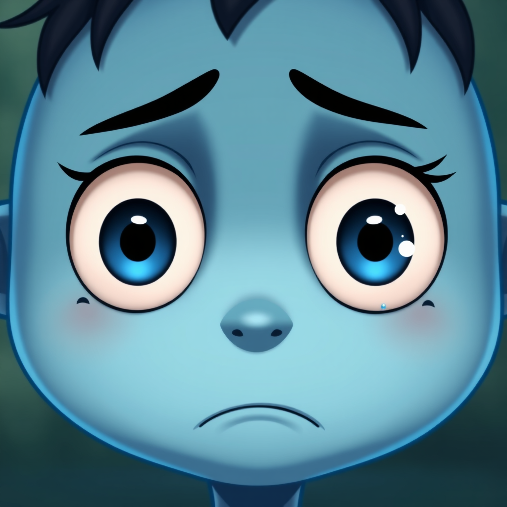 Create a high-resolution cartoon image of a sad blue face with large eyes, incorporating a single tear, using an aperture of f/2.8, a shutter speed of 1/60s, and a focal length of 50mm, captured from a front view with a soft focus background.