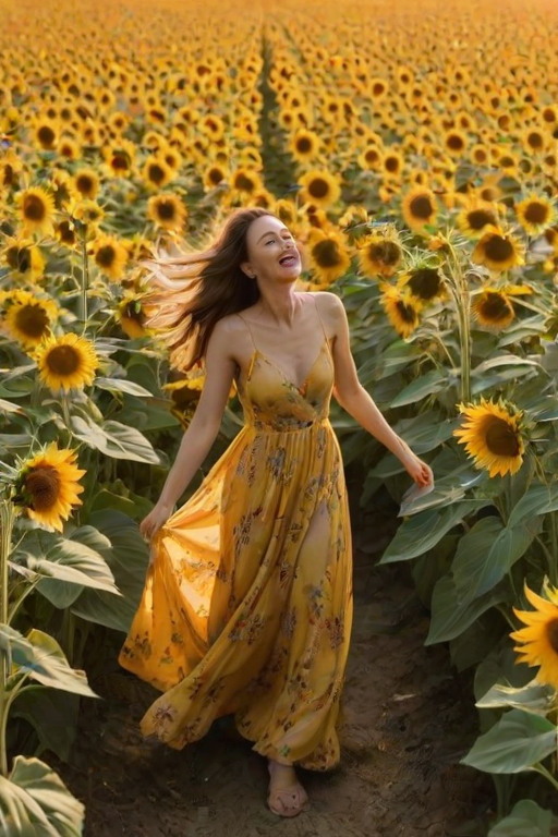 Vibrant sunflower field, with tall, golden blooms stretching toward the sky, a woman in a flowing dress walks through the flowers, her laughter ringing out as she spins joyfully among the bright blossoms.