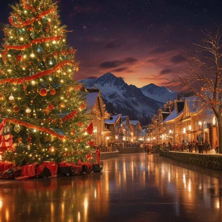 Enchanting Winter Evening in a Festively Decorated Snowy Village Scene