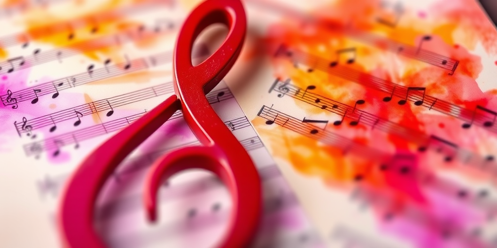 Create an abstract image featuring a large red musical clef and sheet music in the background, with vibrant colors like orange and purple blending together, captured with a DSLR camera, 50mm lens, f/2.8 aperture, ISO 100, at sunrise for enhanced warmth and brightness.