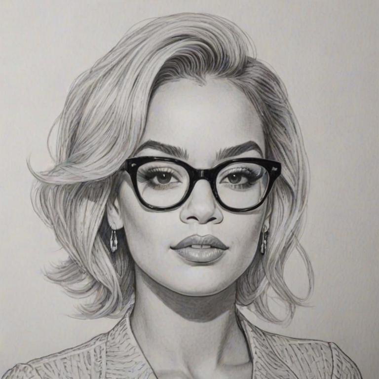 Resplendent Rita Ora, pencil sketch, portrait of Magnificent woman 1963s in glasses, hair style beatnik, outline, clear lines, fine lines, 8k