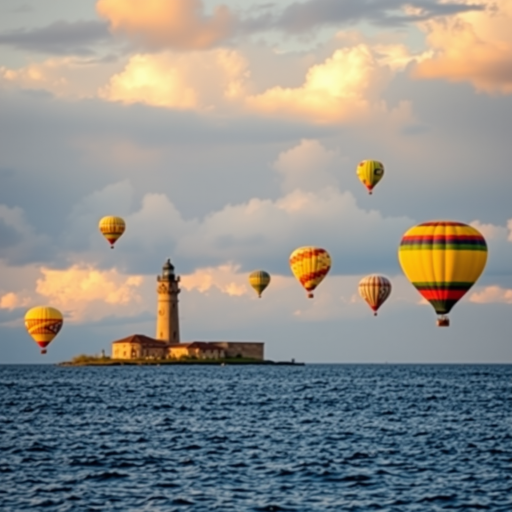 Generate an image of a serene seascape featuring colorful hot air balloons floating above the water near a historical lighthouse, with dramatic clouds in the background; use a DSLR camera with a 24mm lens, aperture set at f/8, shutter speed 1/250s, ISO 200, shot during golden hour for enhanced lighting and contrast.
