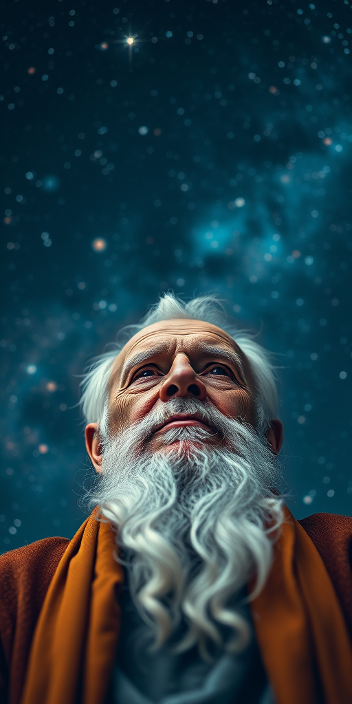 Create an image of a wise old man with a cosmic background filled with stars and galaxies, shot with a DSLR camera at f/1.8, ISO 100, 50mm lens, using a low-angle view in artistic portrait style to enhance detail and depth.