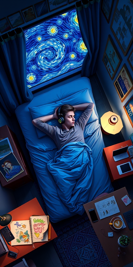 A top-down Van Gogh-style painting of a young man lying on his bed, listening to music with headphones. The room is softly lit with deep blues and purples, creating a peaceful nighttime atmosphere. The bed has a soft pillow, and the man's arms are resting behind his head. Around the bed, various glowing gadgets such as a smartphone, a laptop, and a small lamp are visible, casting a gentle light. The rest of the bedroom includes a desk with books, a chair, and a small rug on the floor. A window near the bed reveals a starry night sky with swirling stars, reminiscent of Van Gogh's 'Starry Night.' On the desk, there is a sketchbook with colorful drawings, a cup of coffee steaming gently, and a small potted plant. The walls have posters of famous paintings and a corkboard with pinned notes and photos. The scene is full of dynamic, swirling brushstrokes, capturing the essence of Van Gogh's unique style. The overall mood is serene and contemplative, with a touch of artistic inspiration.