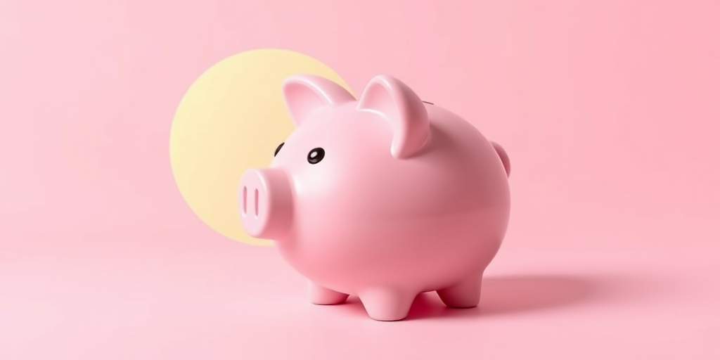 Create a minimalist illustration of a piggy bank with a sun in the background, pastel pink background, soft shadows, high contrast colors, shot with a DSLR camera at ISO 100, aperture f/2.8, 50mm lens, top view for enhanced clarity and detail.