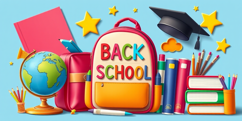Colorful illustration of back to school theme featuring a globe, backpack, books, graduation cap, and stationery items, captured with a Canon EOS 5D Mark IV, 50mm lens, f/1.8 aperture, ISO 100, shot from a slightly elevated angle for dynamic perspective, using vibrant colors and sharp details to enhance image quality.