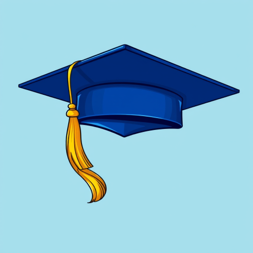 Create a detailed vector illustration of a blue graduation cap with a yellow tassel, using a DSLR camera style, with a focal length of 50mm, aperture set to f/4, and a composition that emphasizes the cap against a solid background for clarity and enhanced vibrancy.