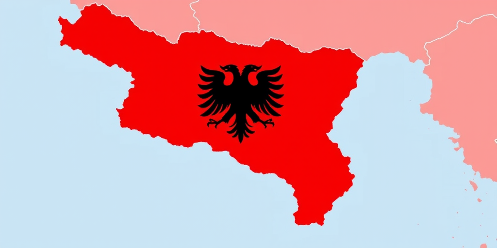 Create an image of the map of Albania filled with a solid red color, featuring a detailed black double-headed eagle emblem in the center, shot with a DSLR camera at f/8 aperture, 35mm lens, ISO 100, in high-resolution style.