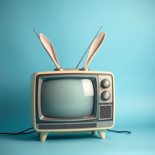Generate a vintage television set with rabbit ears on a solid pastel blue background, use a 50mm lens, f/2.8 aperture, ISO 100, and a slight vignette effect for a soft focus.