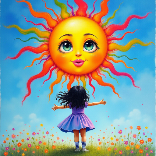 A depiction, in colorful paints, of a little girl, back to the viewer, short stripy socks, lilac and blue dress, arms outstretched, long black wavy hair being blown by the breeze, bight summer's day, up in the blue sky a giant colorful sun face, with pretty eyes, pink lips, colorful swirls, and rainbow colored flames shooting off in all directions
