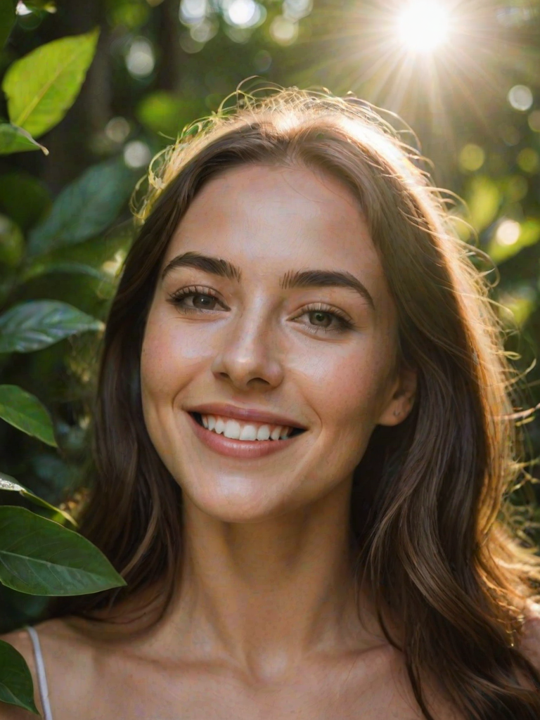 Close-up of a woman’s face adorned with natural makeup, smiling softly against a backdrop of lush greenery, with sunlight filtering through the leaves highlighting her features.