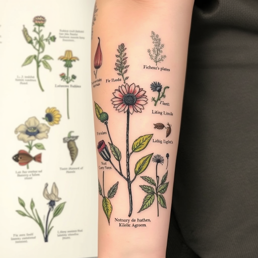 Botanical tattoo named "Herbalist's Grimoire" featuring scientifically accurate illustrations of medicinal plants and herbs, complete with their Latin names and properties, rendered in a vintage engraving style with subtle color washes, suitable for forearm, thigh, or back placement