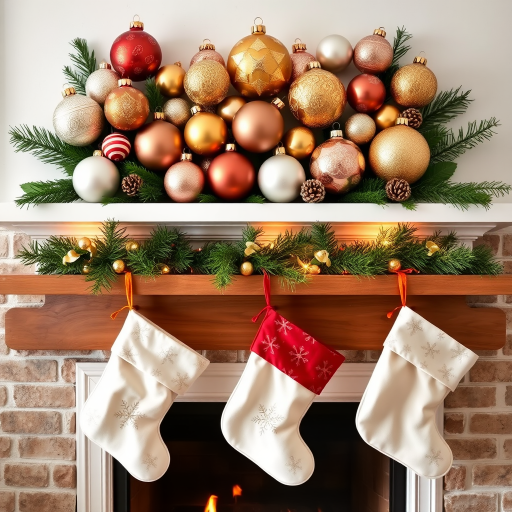 Generate a cozy holiday scene featuring a fireplace adorned with festive stockings. The stockings should be white with decorative patterns like snowflakes. Above the stockings, display a collection of beautifully designed Christmas ornaments in various colors and textures, including some with gold accents. Add some greenery and pinecones to enhance the festive atmosphere.