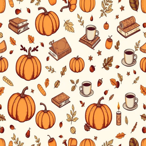 Create a seamless pattern featuring hand-drawn elements such as pumpkins, books, coffee cups, leaves, acorns, and candles on a light beige background. The design should have a whimsical and cozy autumn theme, with a balanced distribution of the various elements throughout the composition.