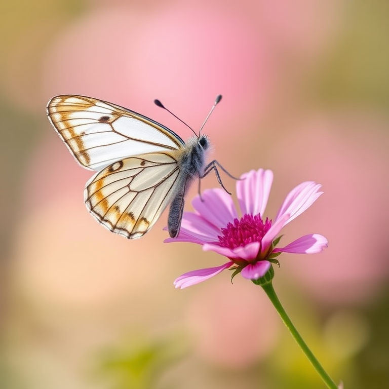 Generate an image of a butterfly perched on a pink flower with a soft, blurred background that highlights the delicate features of the butterfly and the flower. The butterfly should have a symmetrical pattern with a mix of white and dark shades, and the flower should be vibrant against a subtle, natural backdrop.