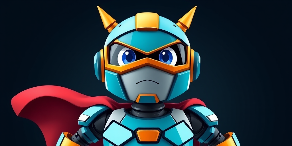 Create a high-resolution cartoon image of a superhero robot character, using a 50mm lens, f/2.8 aperture, ISO 100, soft studio lighting, in a front-facing view with a slight three-quarter angle, ensuring vibrant colors and clear outlines for a playful and dynamic appearance.