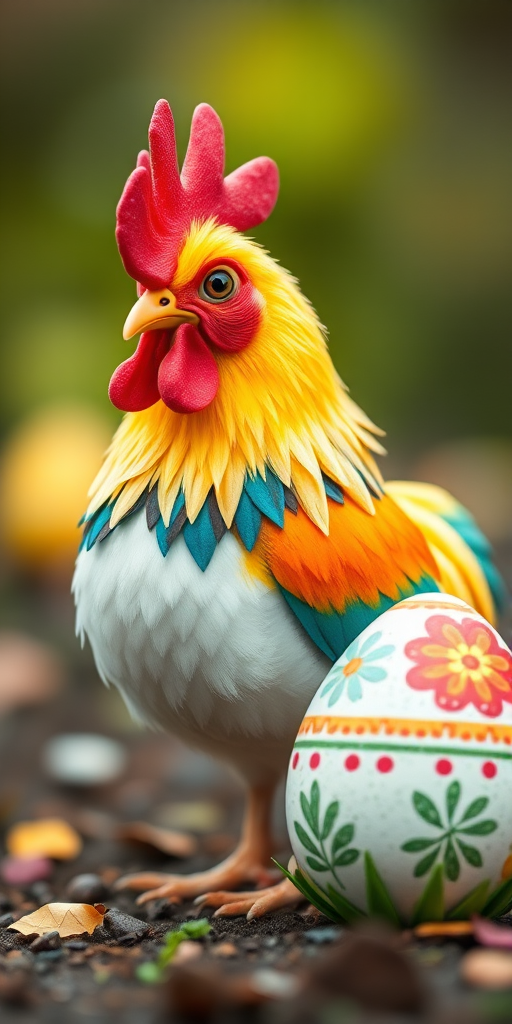 Create a whimsical illustration of a colorful chicken standing next to a decorated egg, using a vibrant color palette, with a soft-focus background, captured in a digital style using a DSLR camera with a 50mm lens, aperture set to f/2.8, ISO 100, and a shallow depth of field for enhanced detail and clarity.