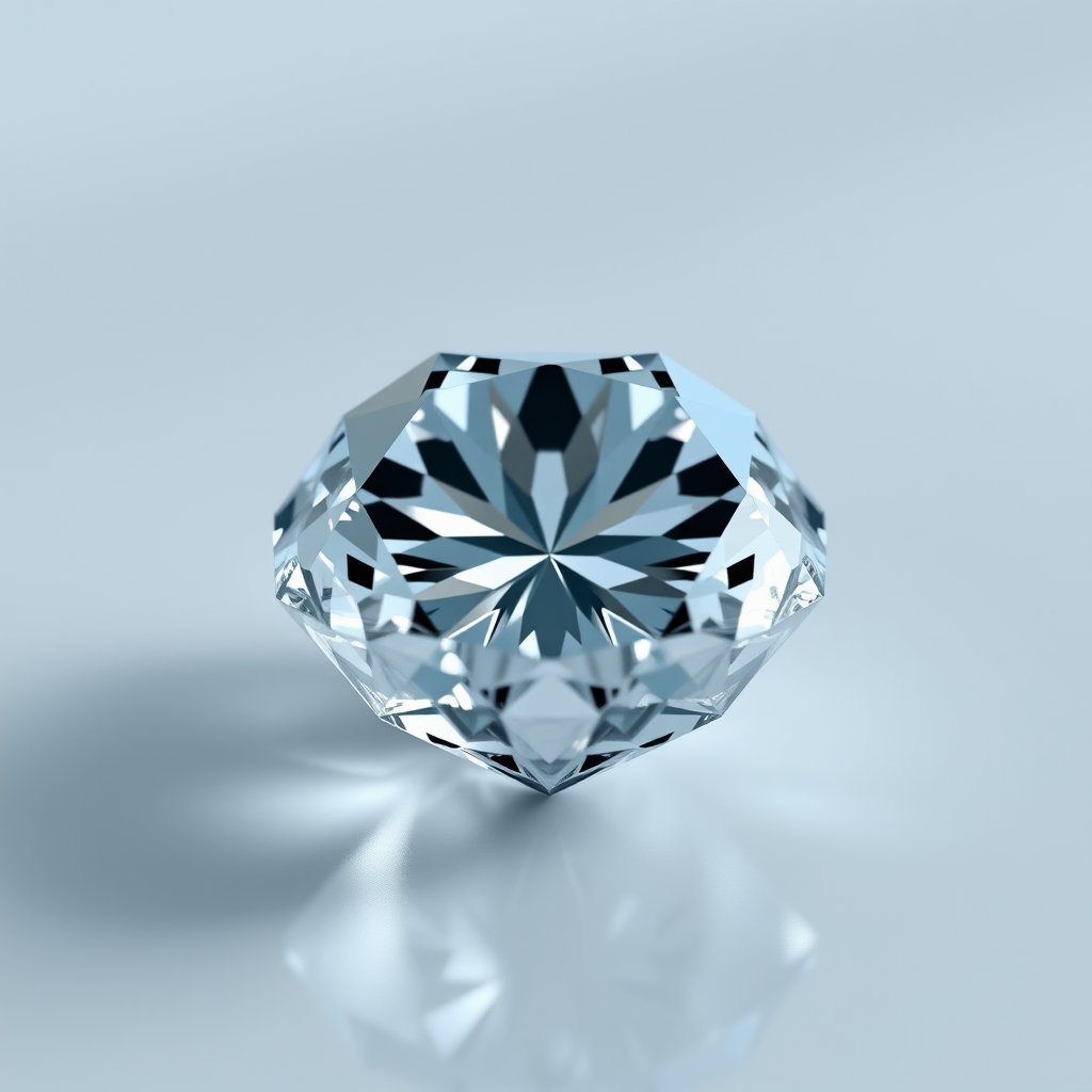 Create a high-resolution 3D rendering of a diamond on a smooth surface with soft lighting, using a Canon EOS R5 camera with an EF 50mm f/1.2L lens at f/2.8, 1/125 sec shutter speed, and ISO 100 to capture intricate details and reflections.