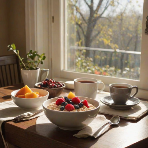 Warmly lit photo of a cozy breakfast nook, with a table set for a sunny morning, featuring a bowl of oatmeal topped with fruits, and a steaming cup of tea beside it.