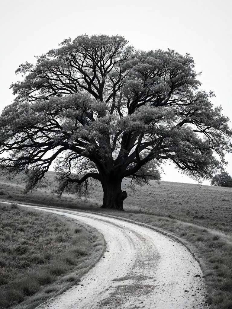 Capture a high-resolution black and white image of a large tree at the end of a winding dirt path, using a DSLR camera with a 50mm lens, aperture set to f/8 for depth of field, ISO at 200 for clarity, and a slight vignette effect for emphasis on the tree.