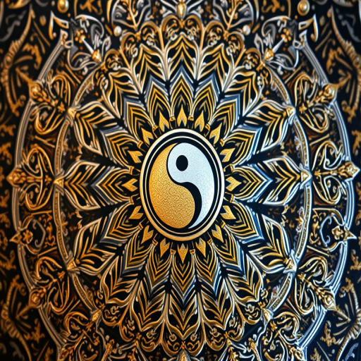 Create a detailed mandala design featuring intricate patterns of gold and silver with a central yin-yang symbol, shot with a Canon EOS R5 at f/8, ISO 100, 50mm lens, top-down view, and high dynamic range.
