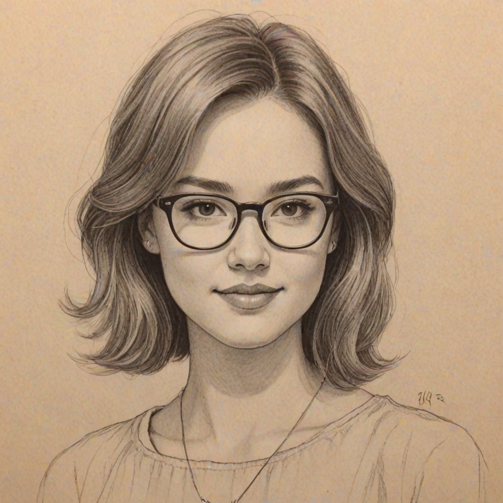 Bewitching Peyton Elizabeth Lee, pencil sketch, portrait of Lovely woman 1976s in glasses, hair style beatnik, outline, clear lines, fine lines, 8k