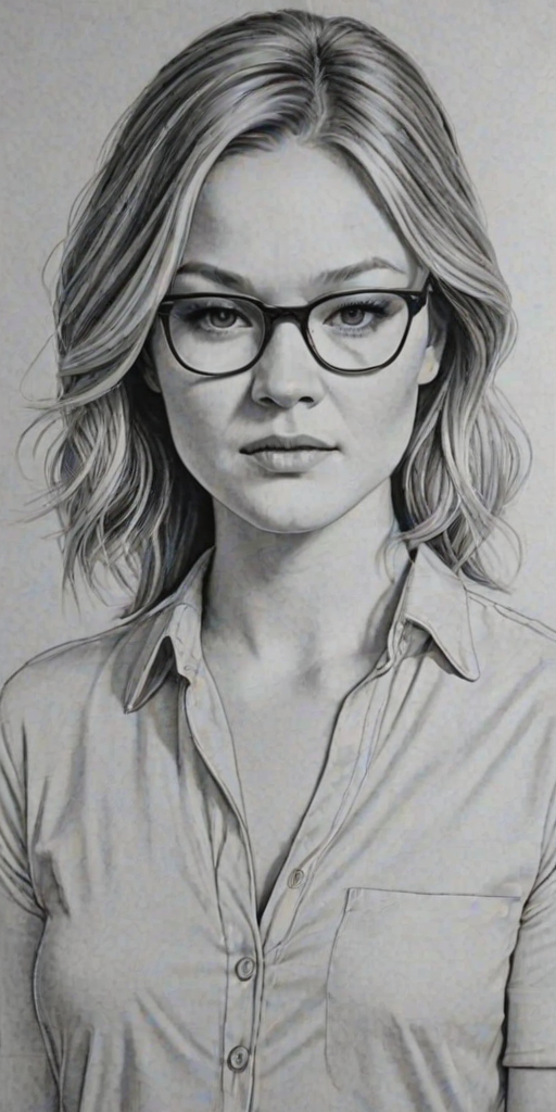 Charming Julia Stiles, pencil sketch, portrait of Gorgeous woman 1965s in glasses, hair style beatnik, outline, clear lines, fine lines, 8k