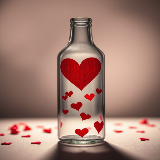 A glass bottle with a red heart design and small red hearts floating inside, backlit with soft diffuse lighting, captured with a Canon EOS R5, 50mm lens at f/1.8, ISO 100, in a studio setting for enhanced detail and clarity.