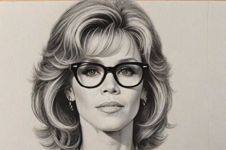Beauteous Jane Fonda, pencil sketch, portrait of Stunning woman 1976s in glasses, hair style beatnik, outline, clear lines, fine lines, 8k