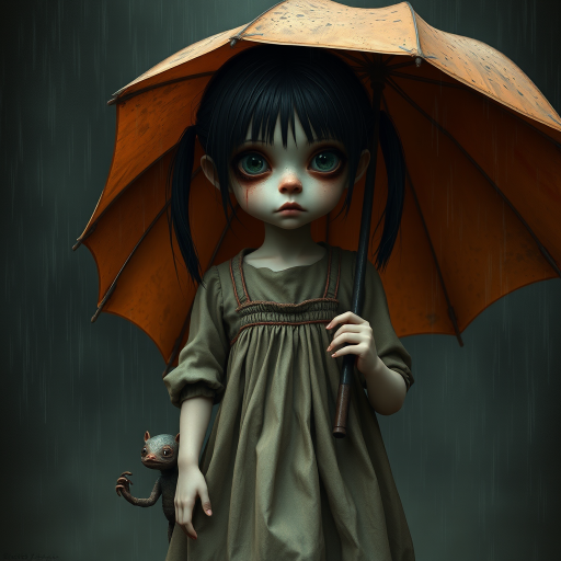 An eerie, weird little girl with dark hair in thin pigtails, wearing a smock dress, standing in the rain, holding a dirty orange umbrella, a small, odd creature beside her. In a surreal style inspired by Nicoletta Ceccoli and Brian Froud. Dark fantasy themes