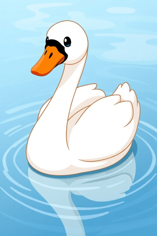 Create a high-resolution cartoon image of a white swan floating on water, using a digital camera with a 50mm lens, f/2.8 aperture, 1/1000s shutter speed, and ISO 100, in a bright and cheerful style.