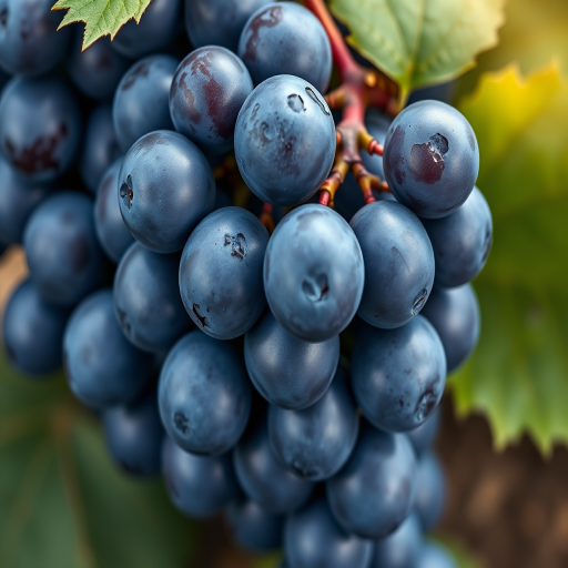Create a highly detailed digital illustration of a cluster of blue grapes with a glossy finish, shot with a DSLR camera at f/2.8, ISO 100, 50mm lens, top-down view, utilizing a soft focus background to emphasize the grapes.