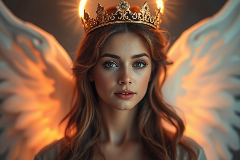 Create an image of a serene woman with angelic wings and a golden crown, illuminated by an ethereal glow, captured with a DSLR camera at f/1.8, ISO 100, 50mm lens, 1/200s shutter speed, soft focus background, and warm color tones.