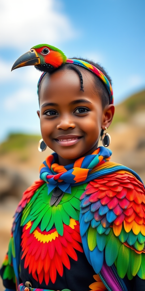A beautiful Cape Verdean girl, wearing colorful bird clothing with vibrant colors