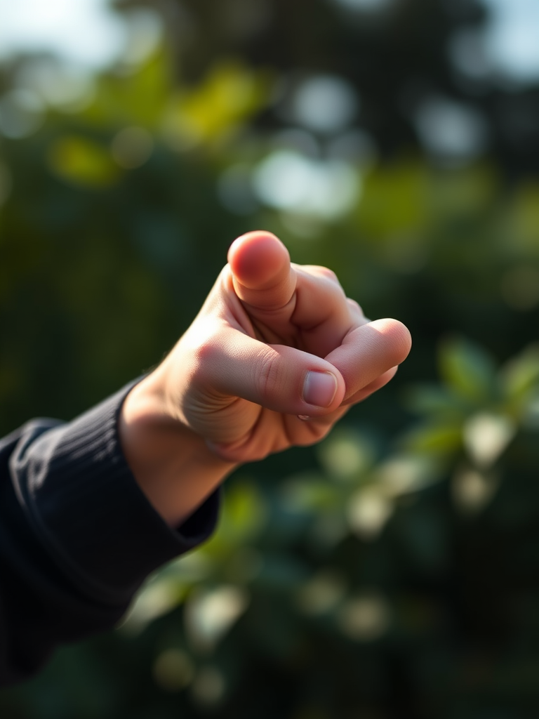 Create a detailed illustration of a hand pointing, captured with a Canon EOS R5 at f/2.8, 1/125 sec, ISO 200, 35mm focal length, using a shallow depth of field for a soft background.