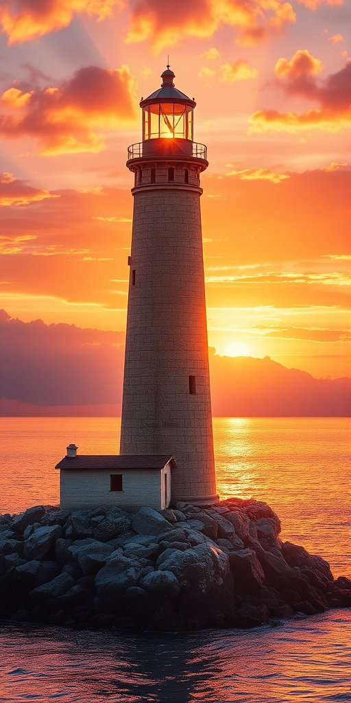 Generate an image of a tall lighthouse perched on a rocky outcrop surrounded by calm ocean waters during a breathtaking sunset. The lighthouse stands sturdy and weathered, its stone surface illuminated by the warm golden light of the setting sun. The sun's rays pass directly through the glass lantern room at the top of the lighthouse, casting a brilliant light across the scene. The sky is painted with vibrant shades of orange, pink, and purple, reflecting off the tranquil sea. The surrounding water shimmers with the same warm hues, creating a serene and majestic atmosphere.
