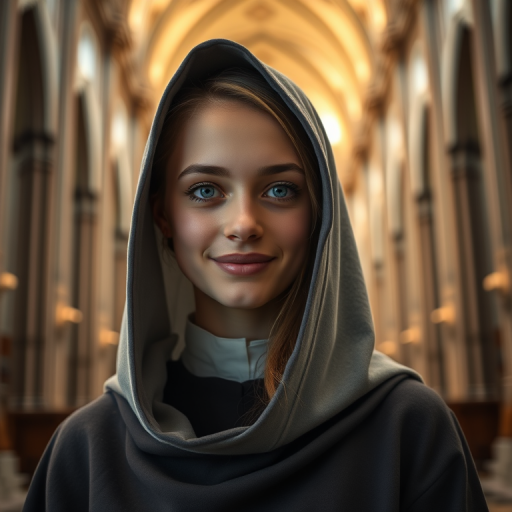 Create a high-resolution image of a young woman with blue eyes and a smile, wearing a hooded religious outfit, in a grand cathedral setting with soft lighting, using a Canon EOS R5, f/1.8 aperture, 35mm lens, ISO 200, shot from eye level for a natural perspective.