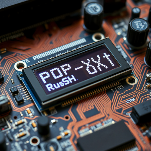 Create a high-resolution image of a close-up of an electronic circuit board with a focus on a prominent LCD display that shows the text "POP-XT+" and "Rush OK", using a DSLR camera with a 50mm lens, aperture set to f/2.8, ISO 100, at a 45-degree angle for a dynamic view, and utilize natural lighting for enhanced clarity and detail.