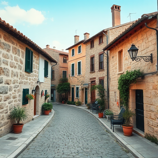 regenerate image of a picturesque cobblestone street in a rustic village with stone houses, taken with a DSLR camera, aperture f/8, ISO 100, 24mm focal length, in natural light, with a wide-angle view for enhanced depth and detail, vibrant colors and clear sky.