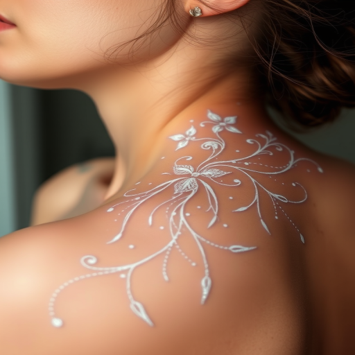 Ethereal white ink tattoo titled "Gossamer Dreams" featuring delicate, lace-like patterns and intricate filigree designs that seem to float on the skin like wisps of smoke or fine spider silk. This style utilizes only white ink, creating a subtle, almost ghostly appearance that becomes more visible when the skin is tanned or under certain lighting conditions. The design incorporates flowing lines, swirls, and delicate dots to create an overall effect of lightness and otherworldly beauty. The "Gossamer Dreams" style is characterized by its minimalist approach, relying on negative space and the natural tone of the skin to enhance the ethereal quality of the tattoo. This unique tattoo style appeals to those seeking a discreet yet enchanting form of body art that appears to shimmer and change with the light.