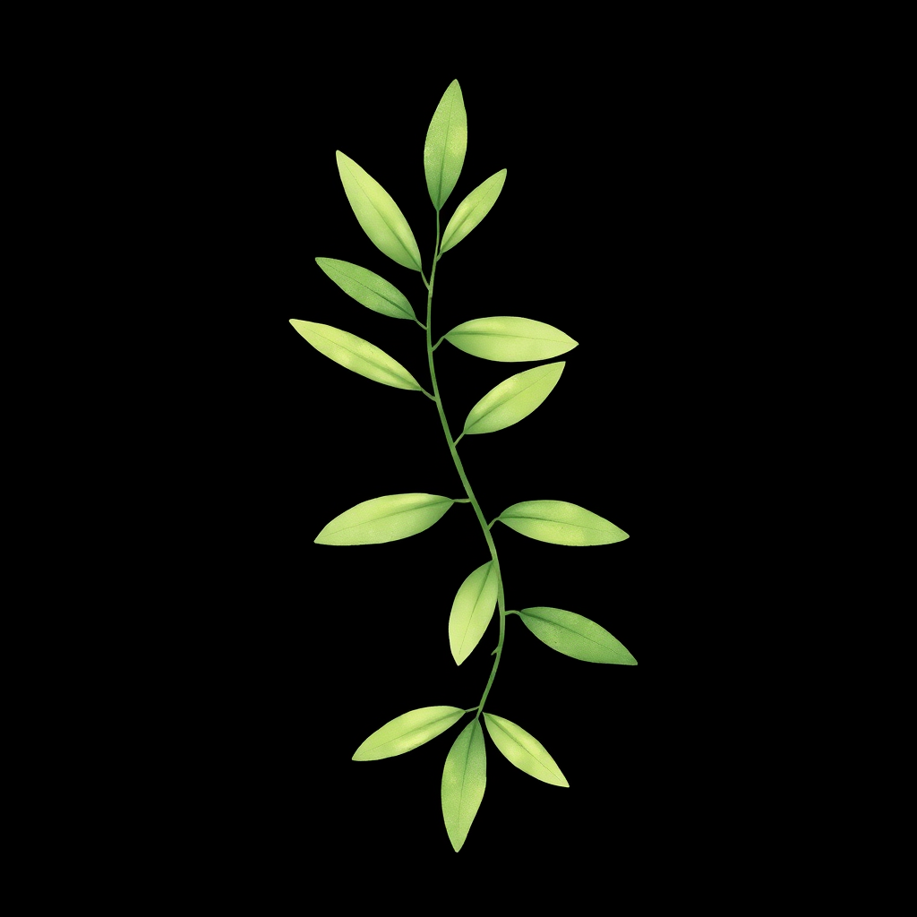 create a watercolor illustration of a simple green plant branch with elongated leaves on a black background
