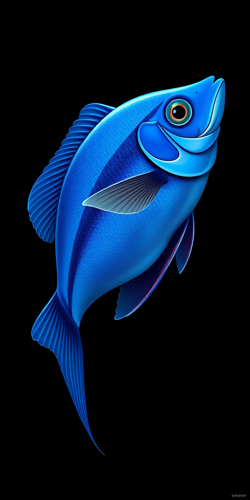create a high-resolution illustration of a blue fish with a streamlined body and detailed fins, use a DSLR camera with a 50mm lens, aperture f/2.8 for depth of field, ISO 100, shoot from a lateral view against a plain black background to enhance the contrast and vibrancy of colors.