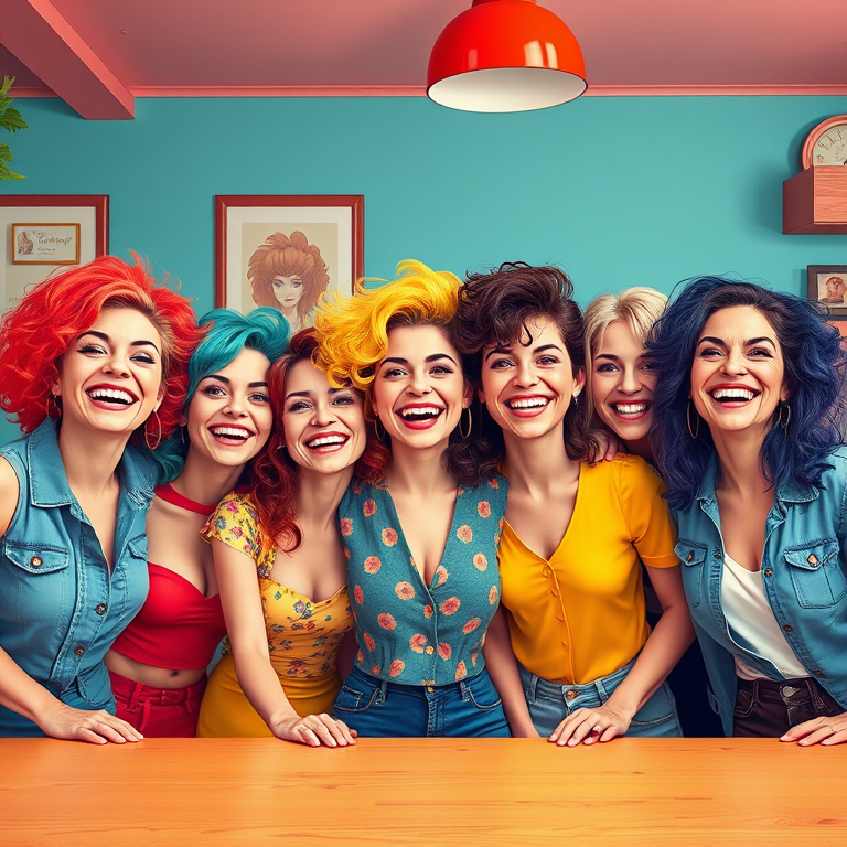 Create a vibrant, pop art style illustration of a diverse group of six joyful people with colorful hair in a retro setting, shot with a Canon EOS R5 at f/4, ISO 100, 24mm lens, shooting in soft focus from a slightly elevated angle for dynamic composition.