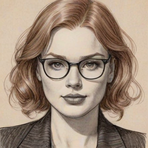Comely Cassandra Clare, pencil sketch, portrait of Gorgeous woman 1931s in glasses, hair style beatnik, outline, clear lines, fine lines, 8k