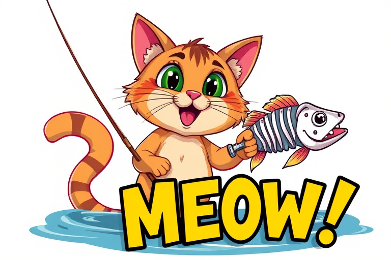 Illustration of a cartoon cat fishing, vibrant colors, the cat has exaggerated features, holding a fishing rod with a fish skeleton nearby, 'MEOW!' in large, bold, yellow letters at the bottom, high-resolution digital art, camera view from slightly above, style similar to vector graphics, using a digital drawing tablet, focus on contrast and clarity.